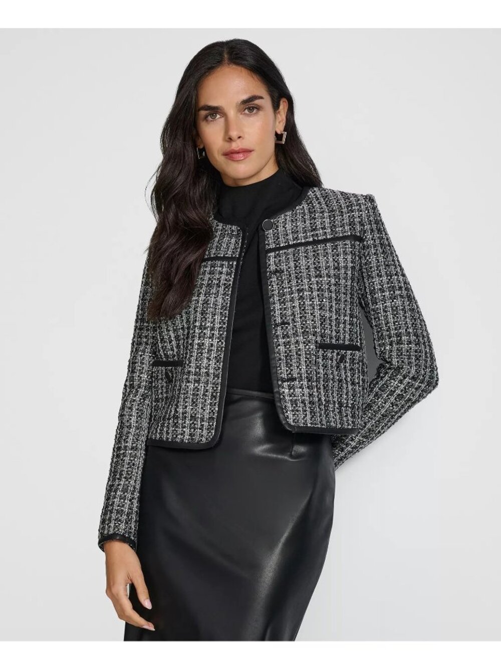 Calvin Klein Tweed Blazer Jacket Size 10Petite Black White Faux Leather Trim
